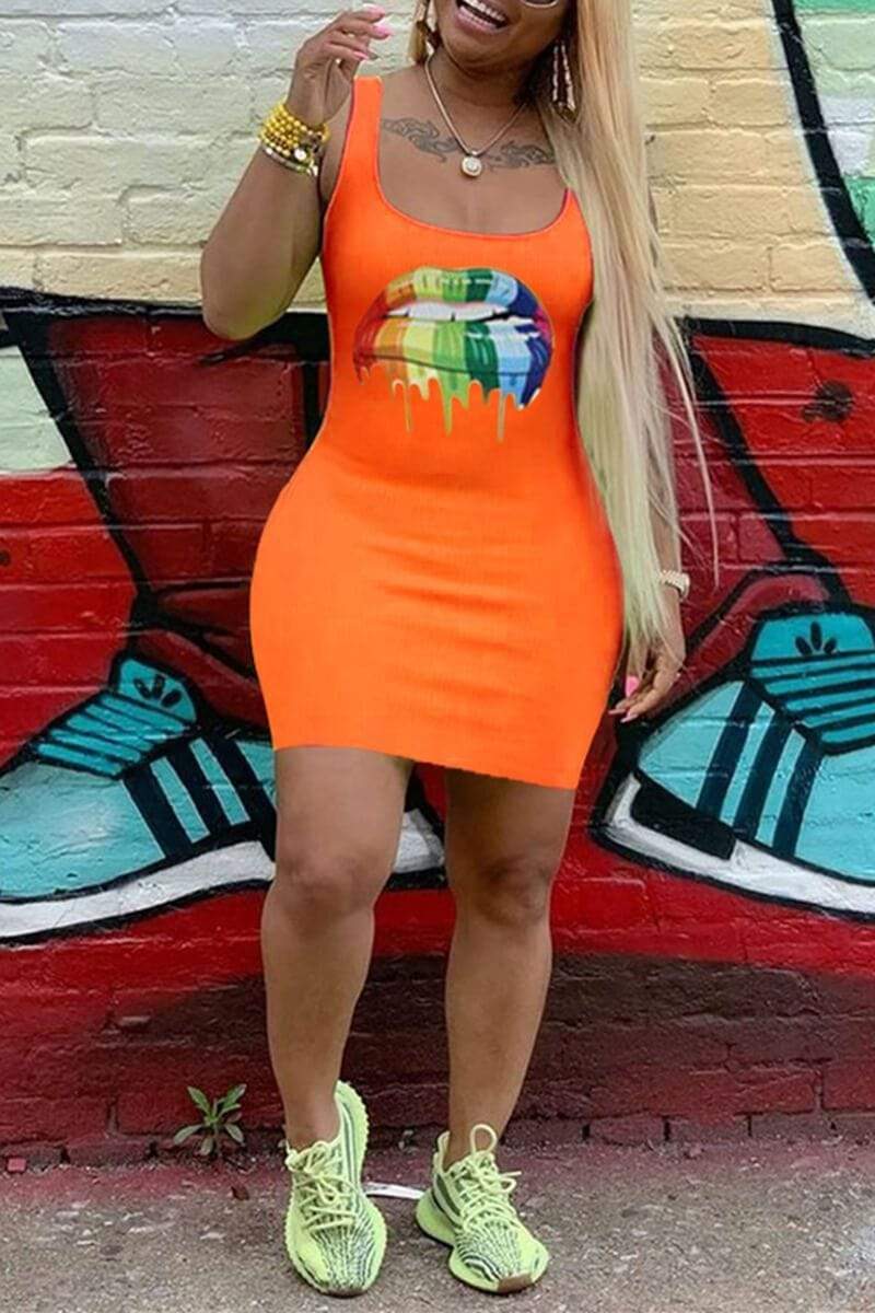 Sexy Lip Print Sleeveless Dress