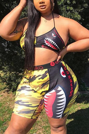 Fashion Plus Size Shark Pattern Shorts Set