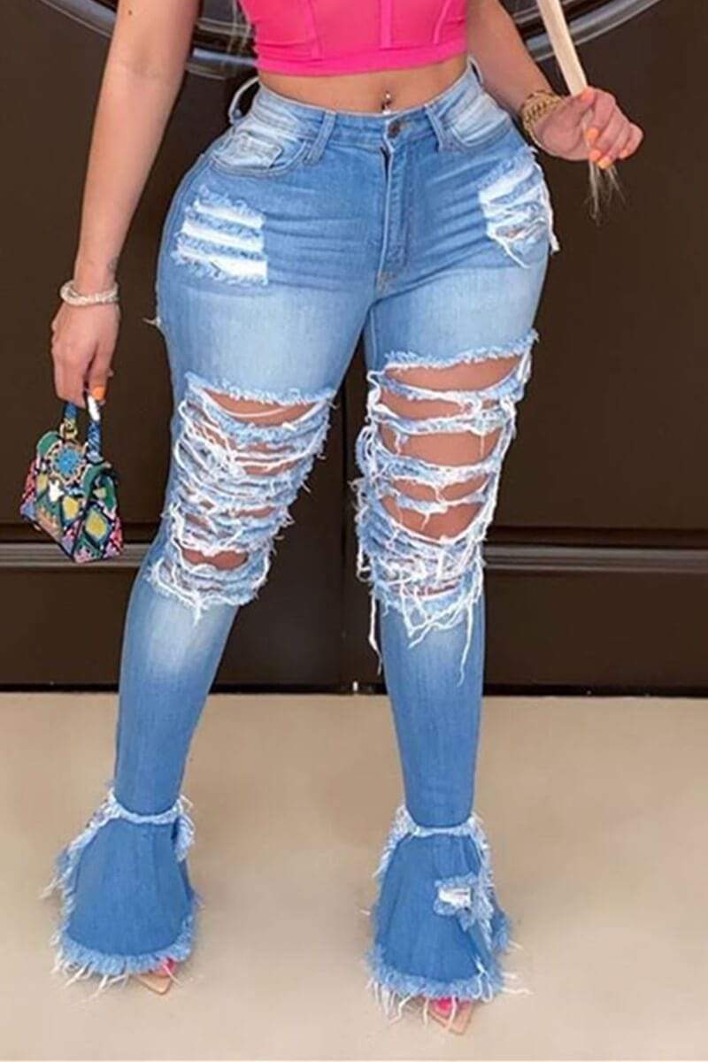 Fashion Broken Hole Denim Trousers