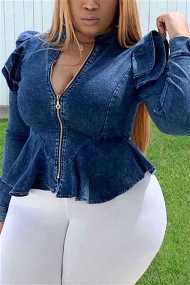 Fashion Plus Size Zipper Denim Coat