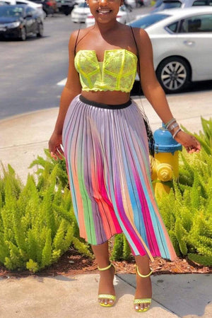 Fashion Print Striped Pleated Multicolor Skirt