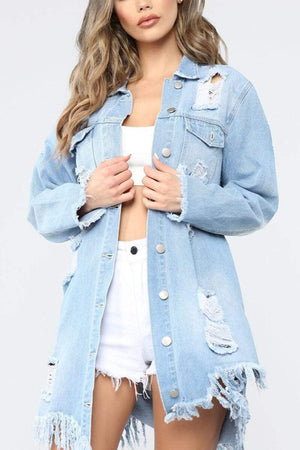 Ripped Medium Length Denim Jacket