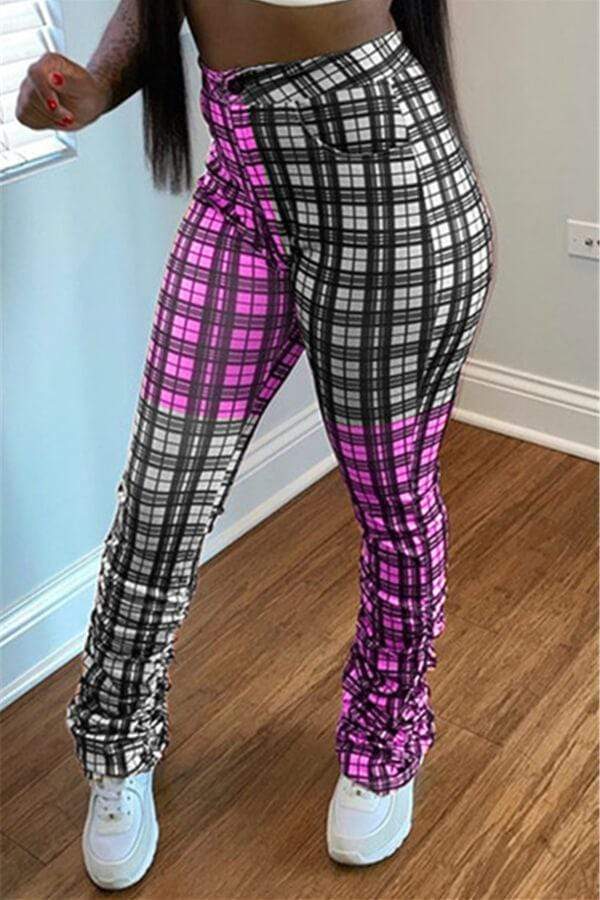 Fashion Casual Regular Plaid Print Patchwork Trousers