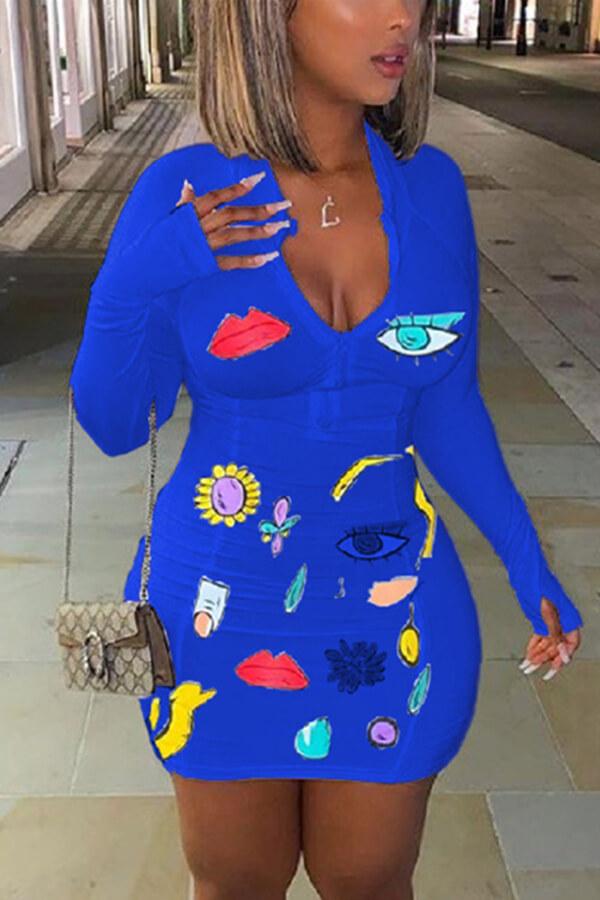 Sexy V Neck Skinny Print Mini Dress