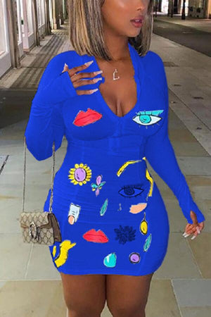 Sexy V Neck Skinny Print Mini Dress