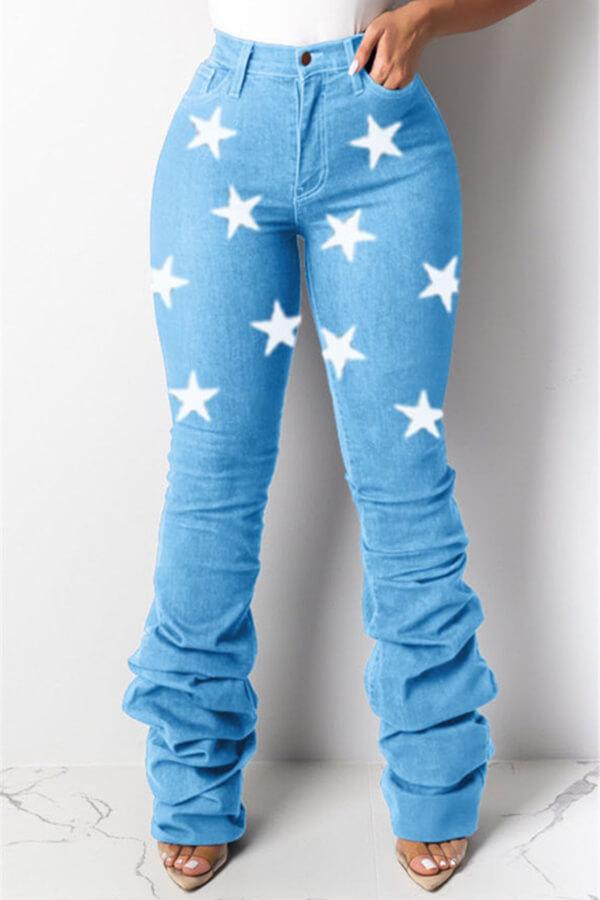 Fashion Casual The Stars Print High Waist Jeans