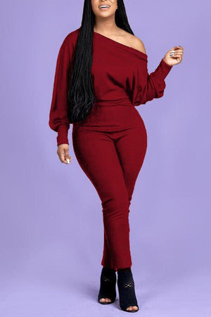 Fashion Casual Oblique Collar Solid Color Plus Size Jumpsuit