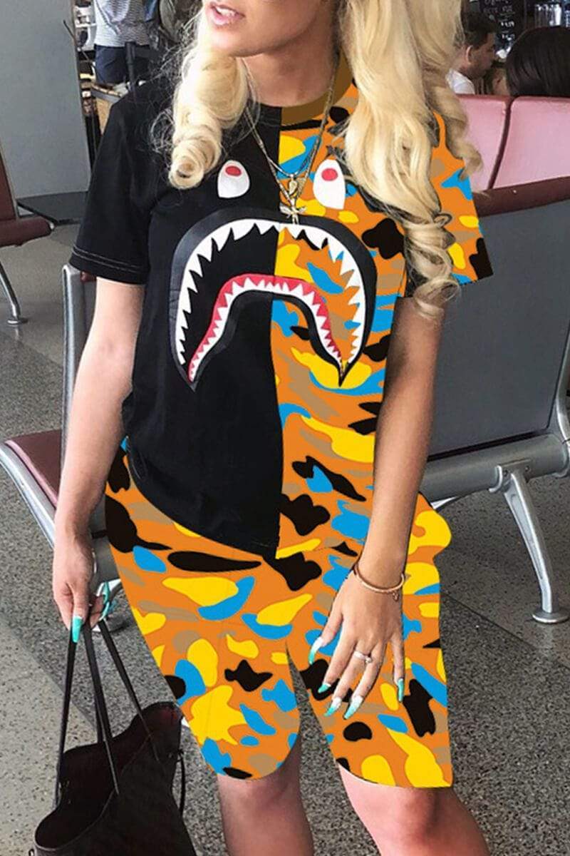 Fashion Shark Mouth Printed T-shirt Set