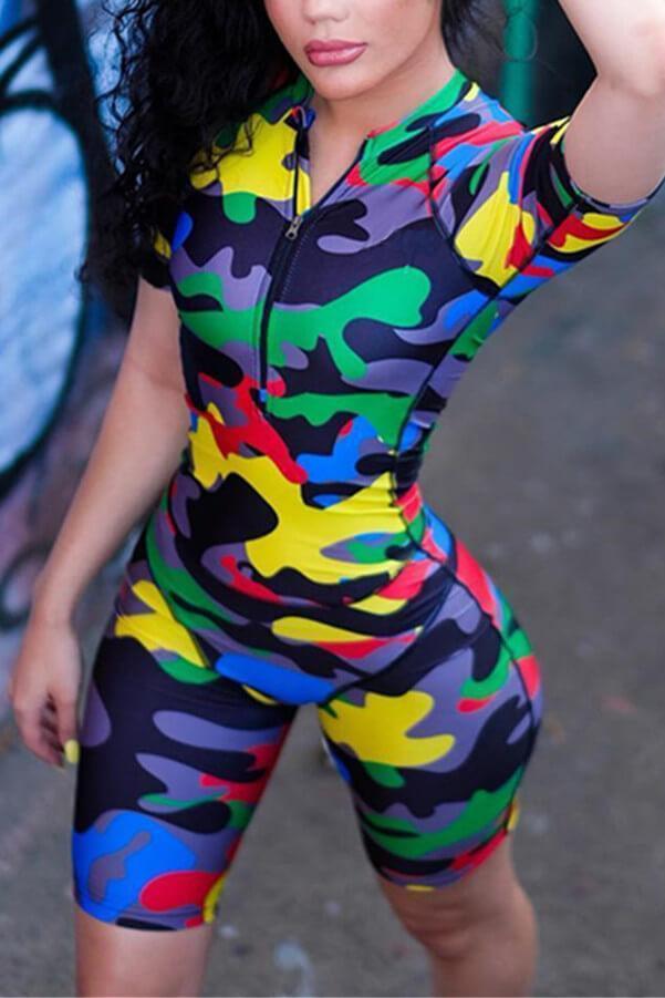 Sexy Zipper Design Camouflage Romper