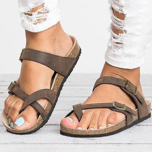 Leather Strap Buckle Flats Sandals