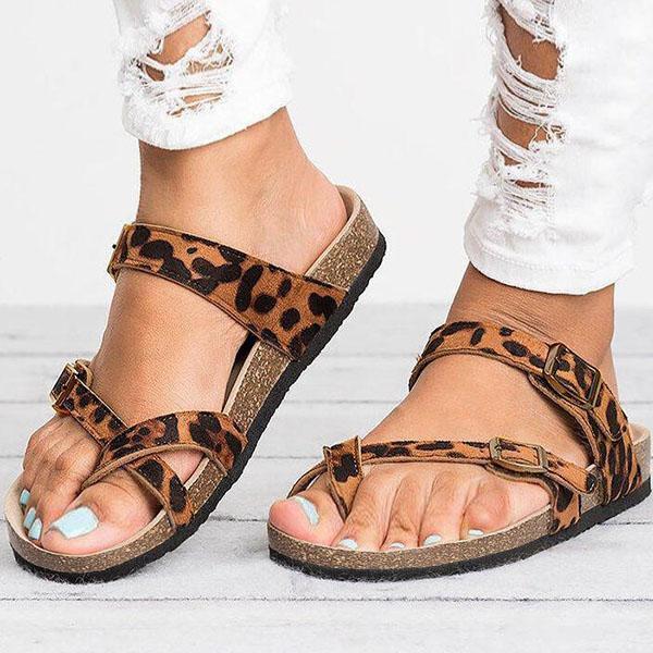 Leather Strap Buckle Flats Sandals