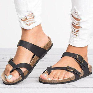 Leather Strap Buckle Flats Sandals