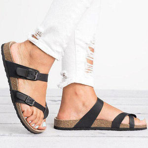 Leather Strap Buckle Flats Sandals