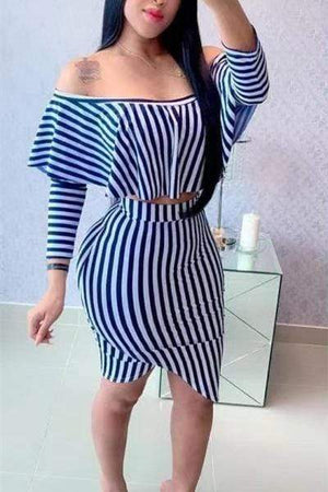 Striped Print Ruffle Skirt Set