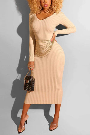 V-Neck Long-Sleeved Dress