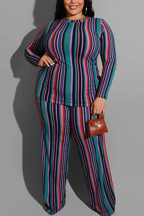 Stripe Print Knitting Large Size Two-Piece Suit