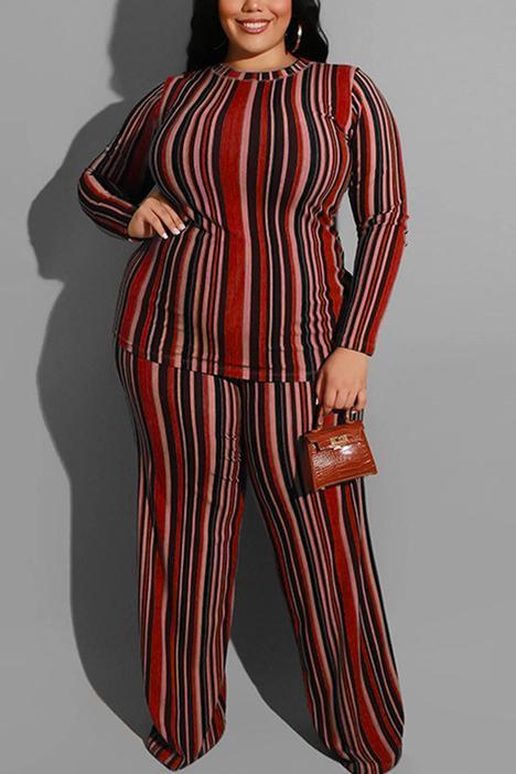 Stripe Print Knitting Large Size Two-Piece Suit