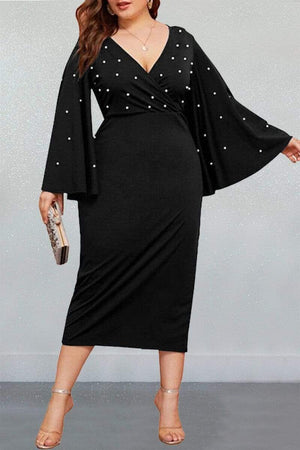 Sexy V-Neck Plus Size Flared Sleeve Dress