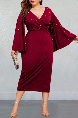 Sexy V-Neck Plus Size Flared Sleeve Dress