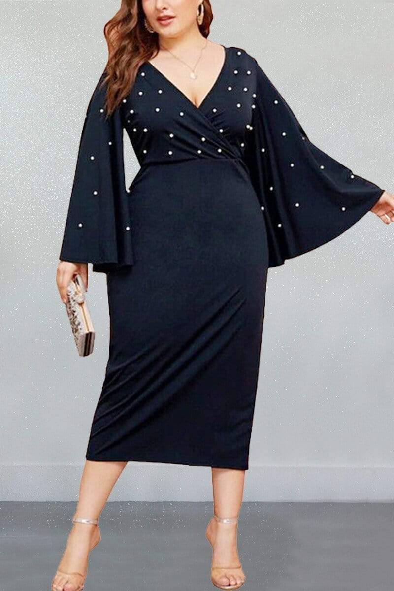 Sexy V-Neck Plus Size Flared Sleeve Dress