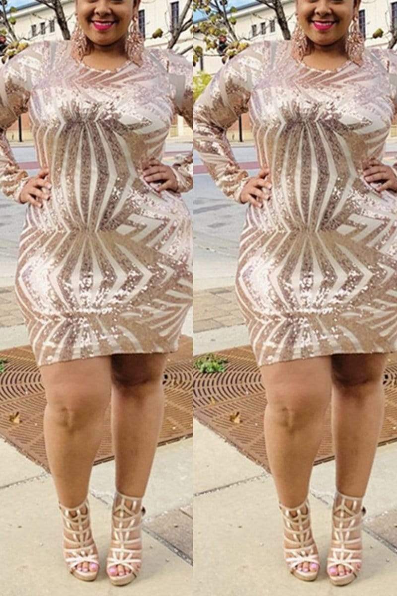 Sexy Sequined See-Through Plus-Size Striped Dress