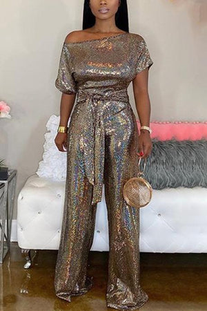 Fashion Sequined Laser Off The Shoulder Jumpsuit