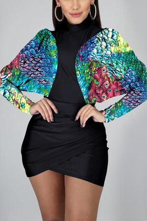 Casual Patchwork Batwing Sleeve Peacock Print Dress