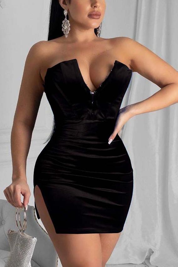 Sexy Strapless V-Neck Velvet Slit Dress