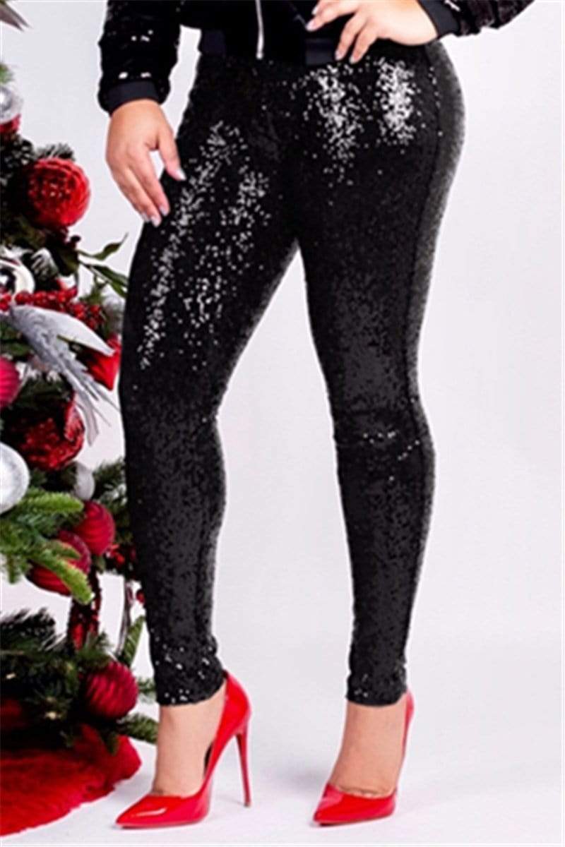 Fashion Slim Sequins With Lining Trousers