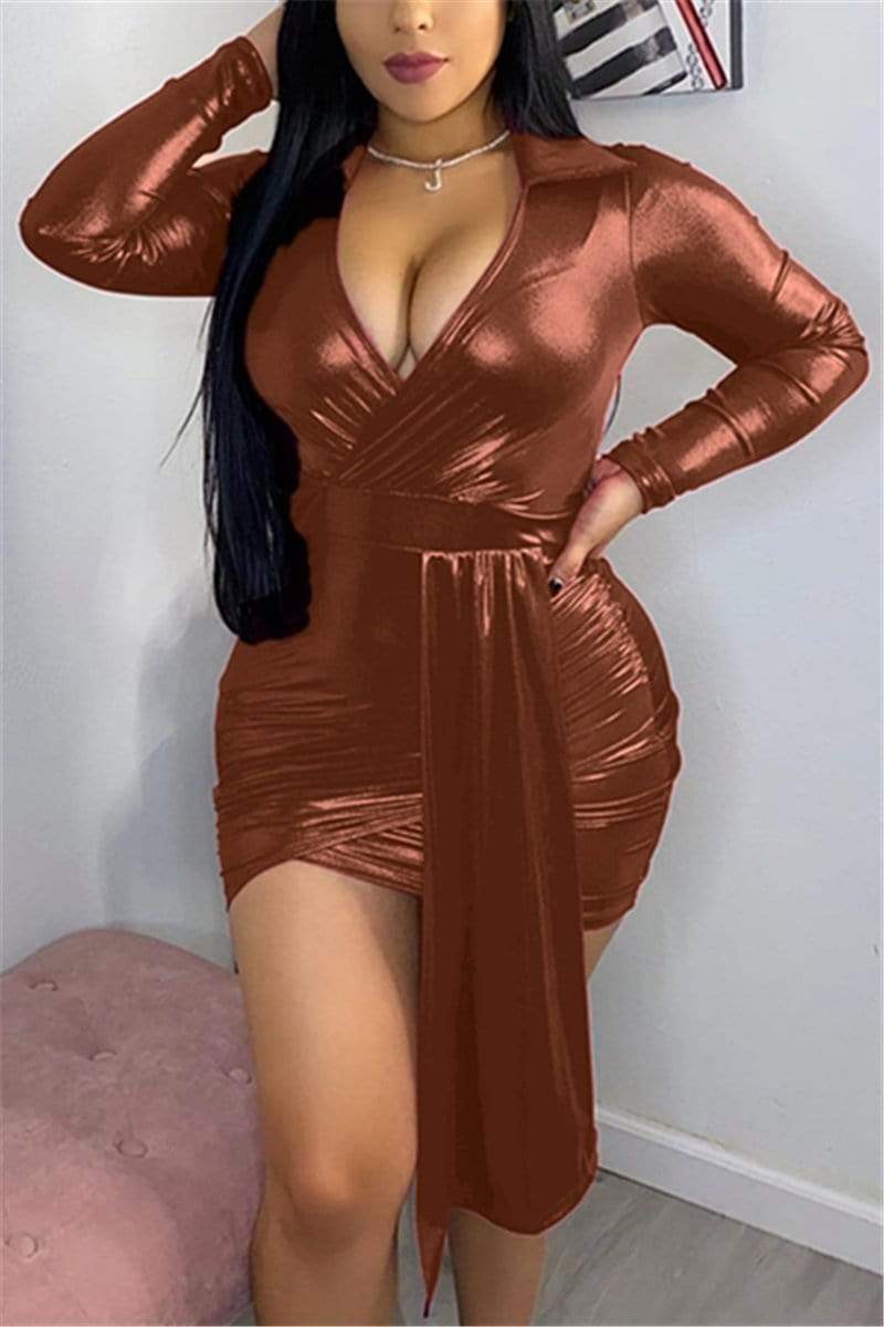 Sexy Deep V-Neck Long Sleeve Dress