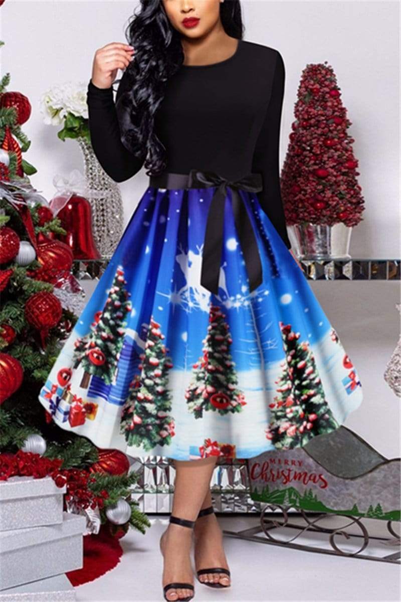 Christmas Retro Print Party Swing Dress