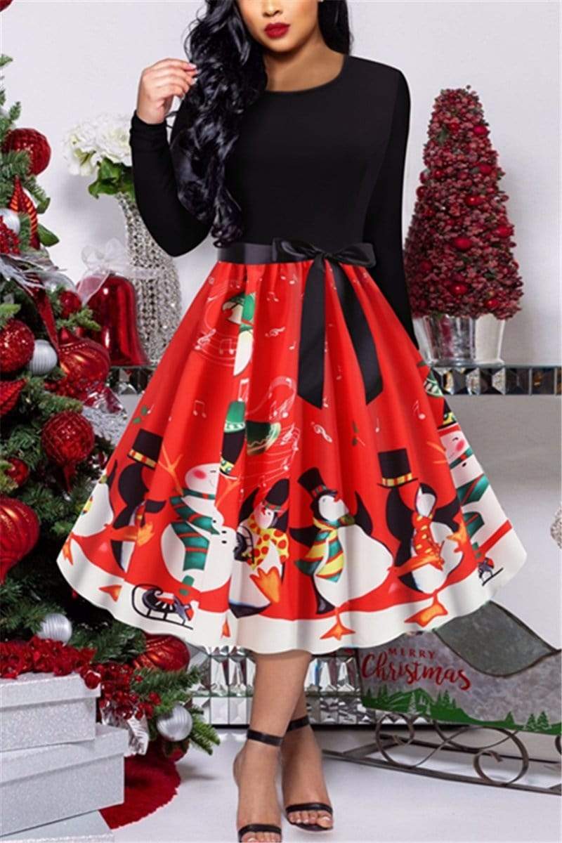 Christmas Retro Print Party Swing Dress