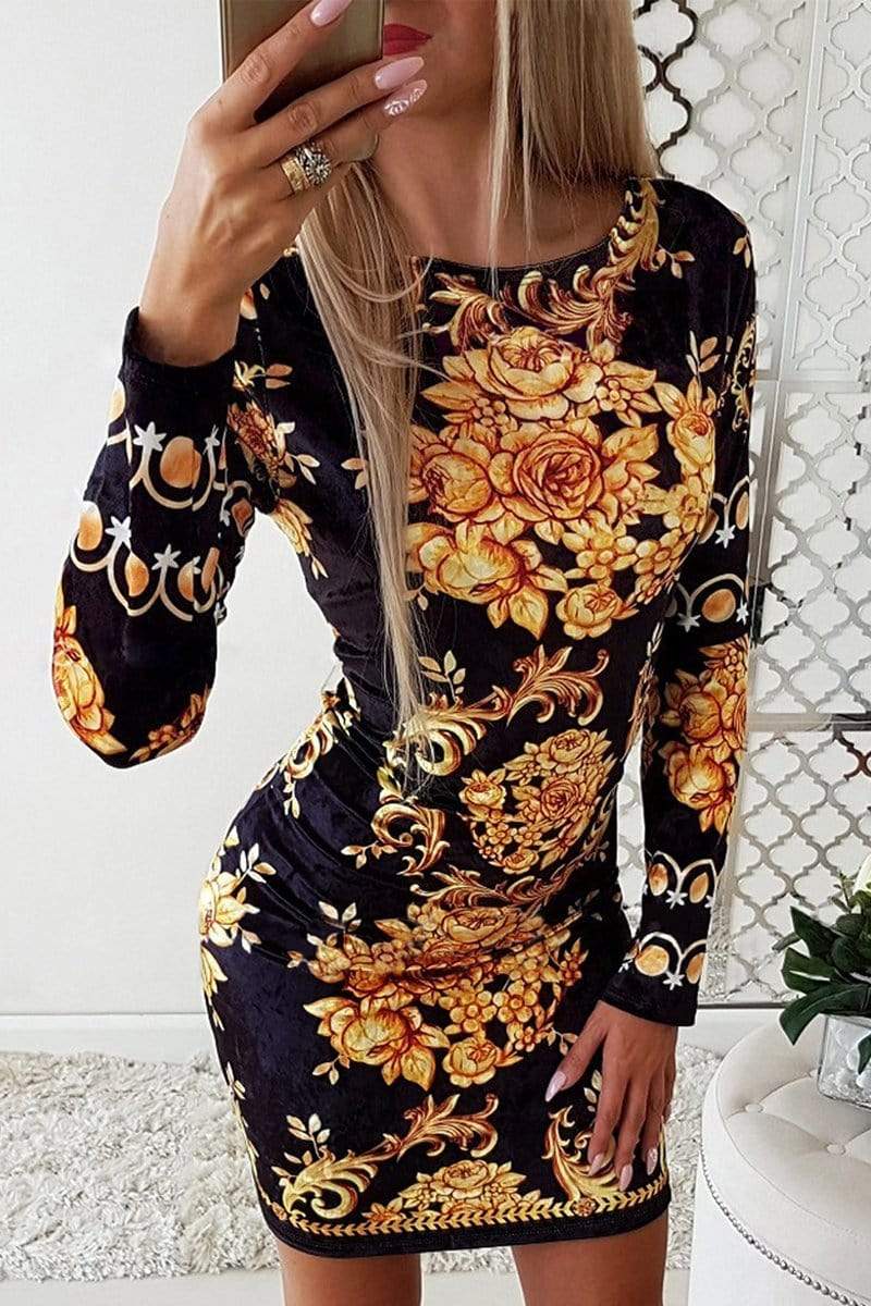 Sexy Round Neck Print Slim Dress