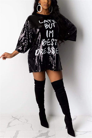 Casual Loose Letter Sequins Dress