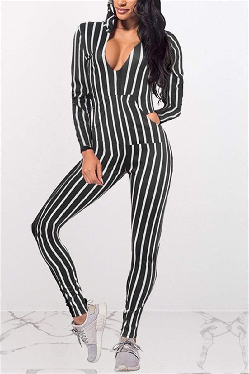 Fashion Striped Printed Hooded Jumpsuit