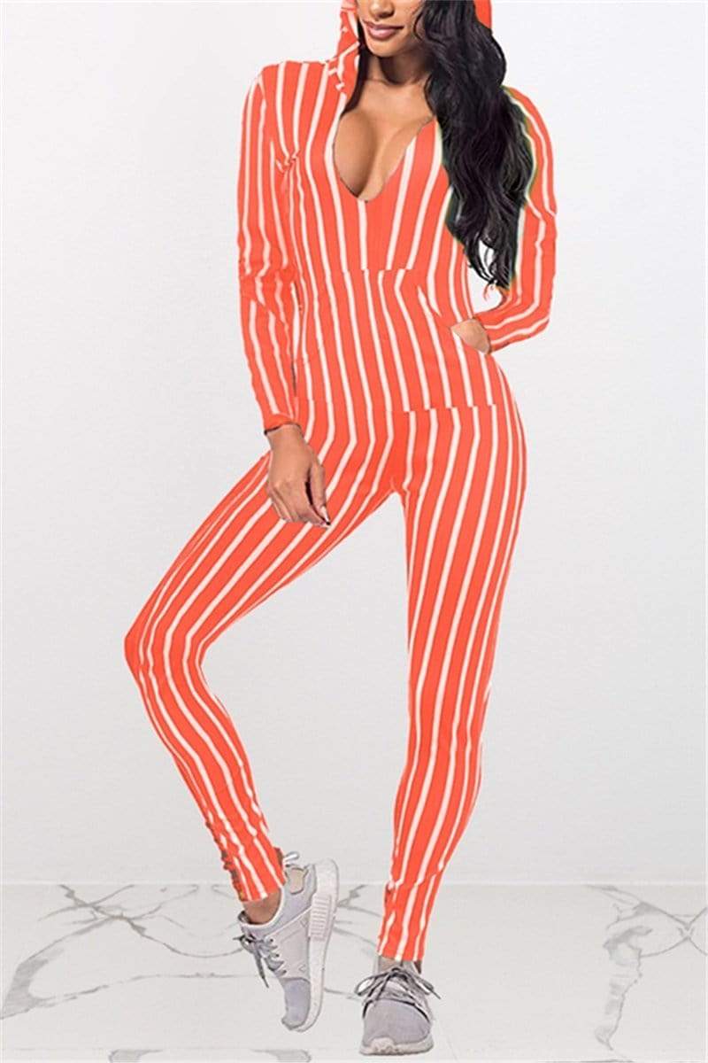 Fashion Striped Printed Hooded Jumpsuit