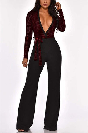 Fashion V-Neck Sequin Stitching Slim Jumpsuit