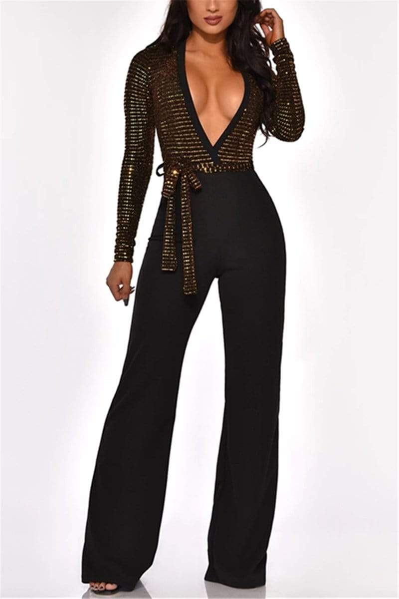 Fashion V-Neck Sequin Stitching Slim Jumpsuit