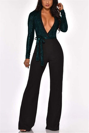 Fashion V-Neck Sequin Stitching Slim Jumpsuit