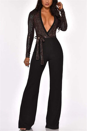 Fashion V-Neck Sequin Stitching Slim Jumpsuit