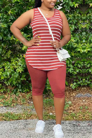 Casual Sleeveless Tank Striped Print Set