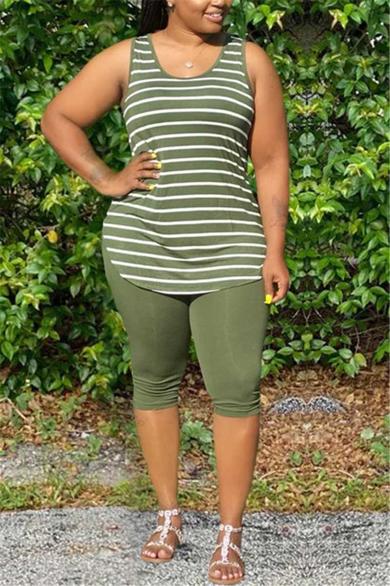 Casual Sleeveless Tank Striped Print Set