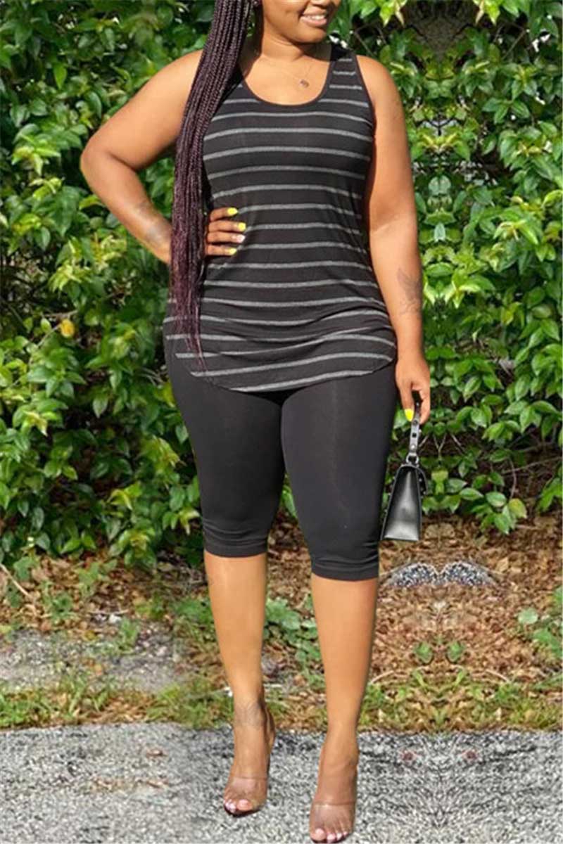 Casual Sleeveless Tank Striped Print Set