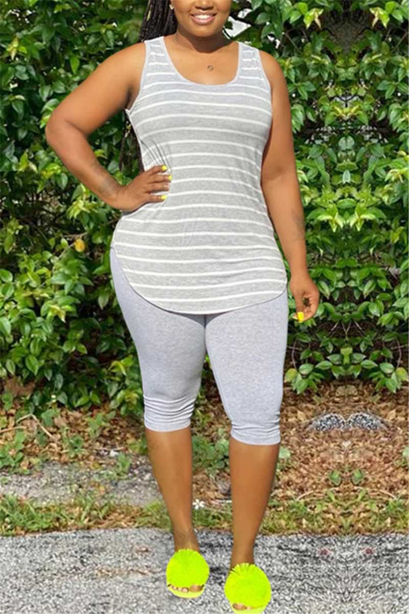 Casual Sleeveless Tank Striped Print Set