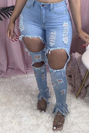 Fashion Broken Holes Skinny Solid Jeans