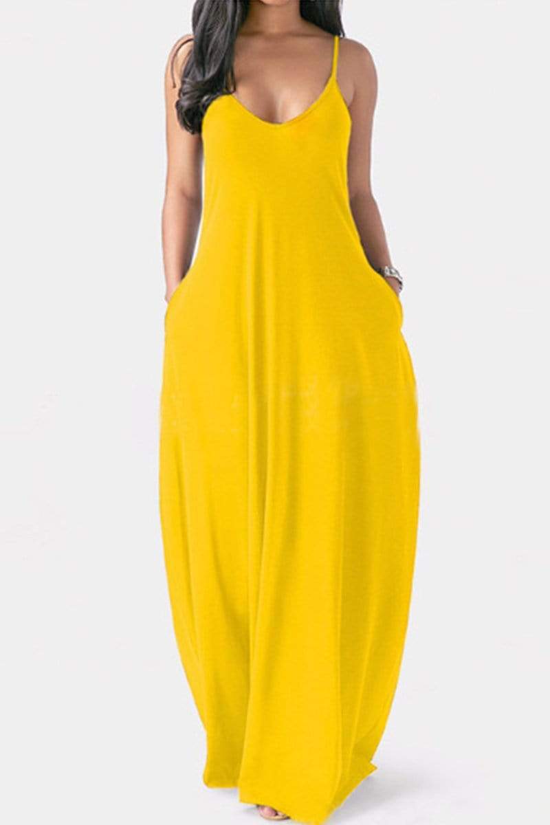 Sexy Sling V Neck Solid Maxi Dress