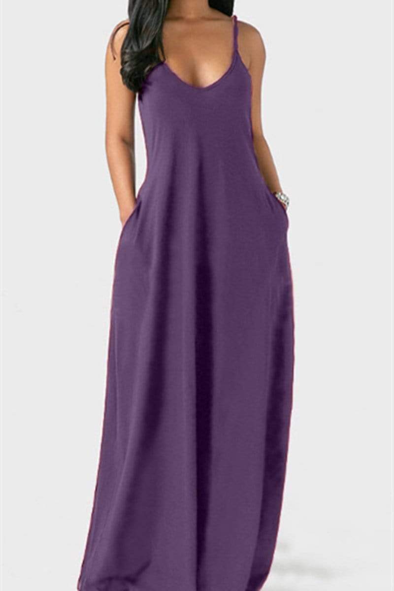 Sexy Sling V Neck Solid Maxi Dress