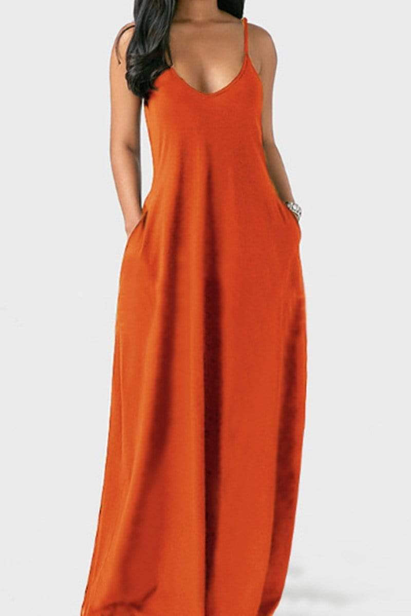 Sexy Sling V Neck Solid Maxi Dress