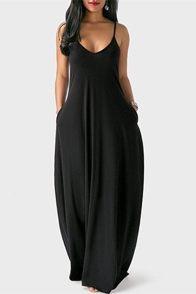 Sexy Sling V Neck Solid Maxi Dress