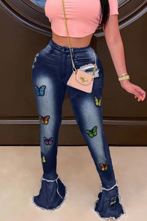 Fashion Skinny Butterfly Print Jeans